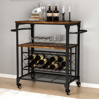 WAYTRIM Bar Cart, 3 Tier Home Freely Rolling with Wheels, Industrial Vintage Style Wood Metal Serving Trolley Kitchen Serving Cart with Rack and Cup Holder, for Dining Rooms, Garden, Bar