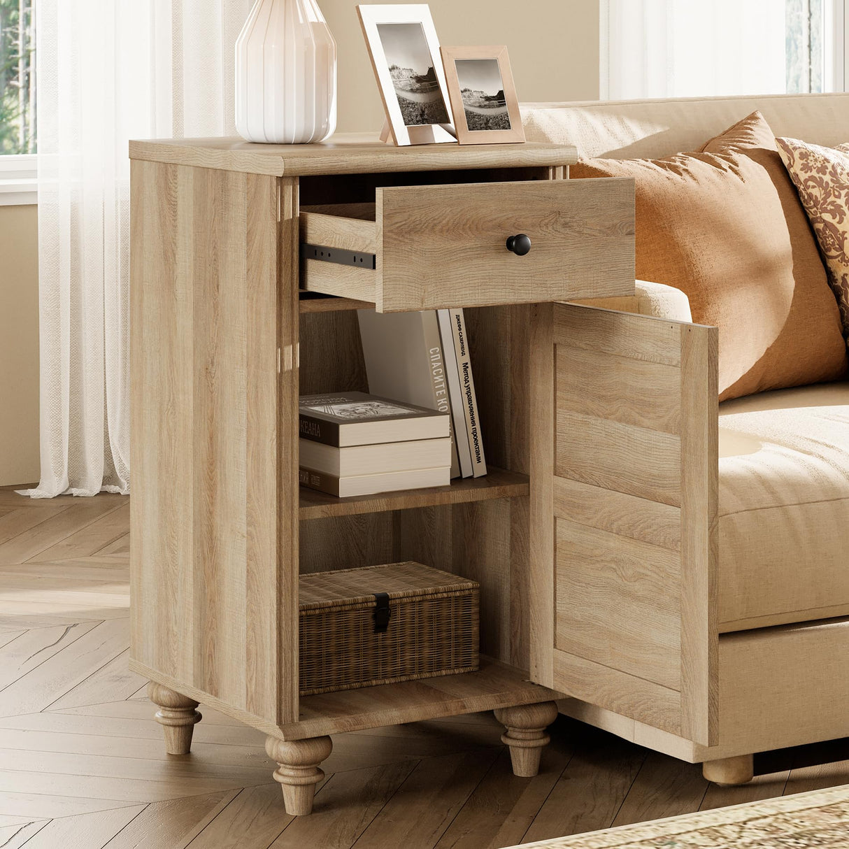 WAMPAT Nightstands with Charging Station, Set of 2 End Table with Power Outlets & USB Ports for Living Room, Modern Side Table with Drawer and Storage Cabinet for Bedroom, Oak WAMPAT