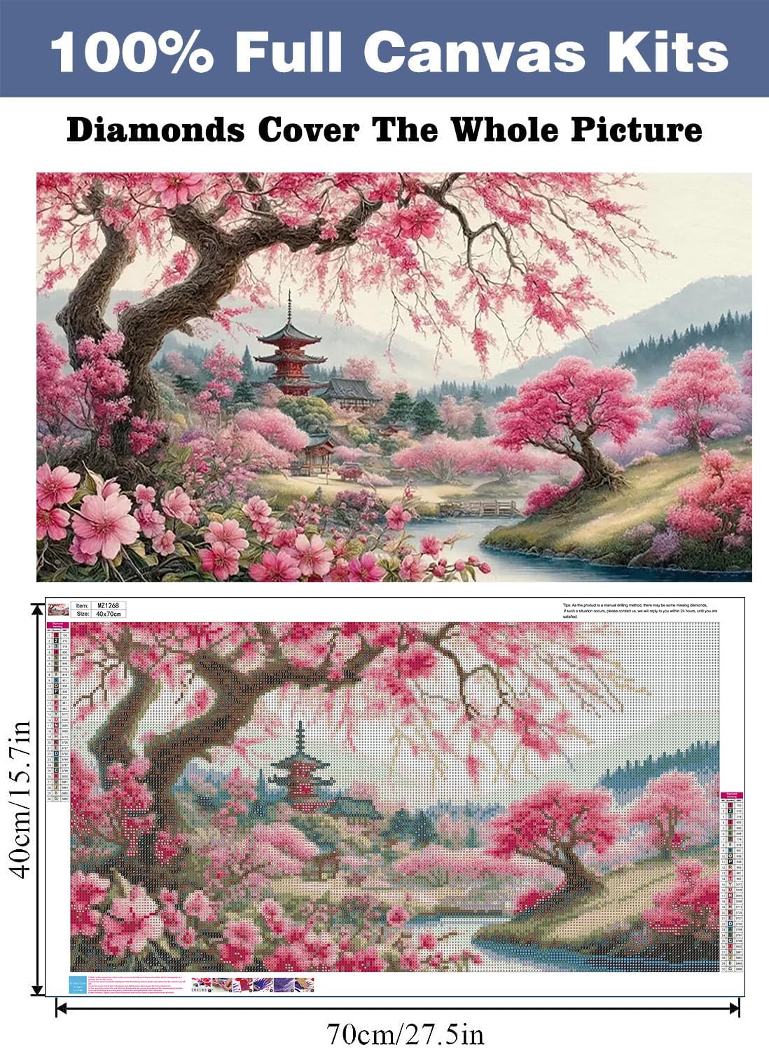 Large Diamond Art Kits for Adults, Cherry Blossoms Flower Diamond Art Painting Kits for Adults, 5D DIY Full Drills Mountain Sakura Craft for Gifts, Home Wall Decor 15.7" x 27.6", Extra Large Size croshom