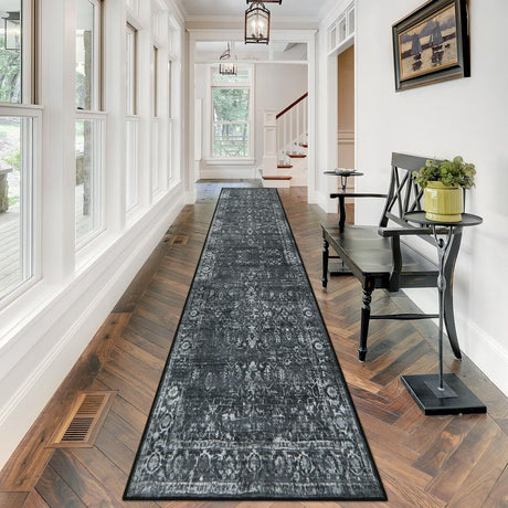 Morebes Black Vintage Carpet Runners for Hallway 12ft,Washable Long Runner Rug for Entryway Indoor Floor Non-Slip,Distressed Super Soft Throw Carpet for Farmhouse Dining Room Playroom Morebes