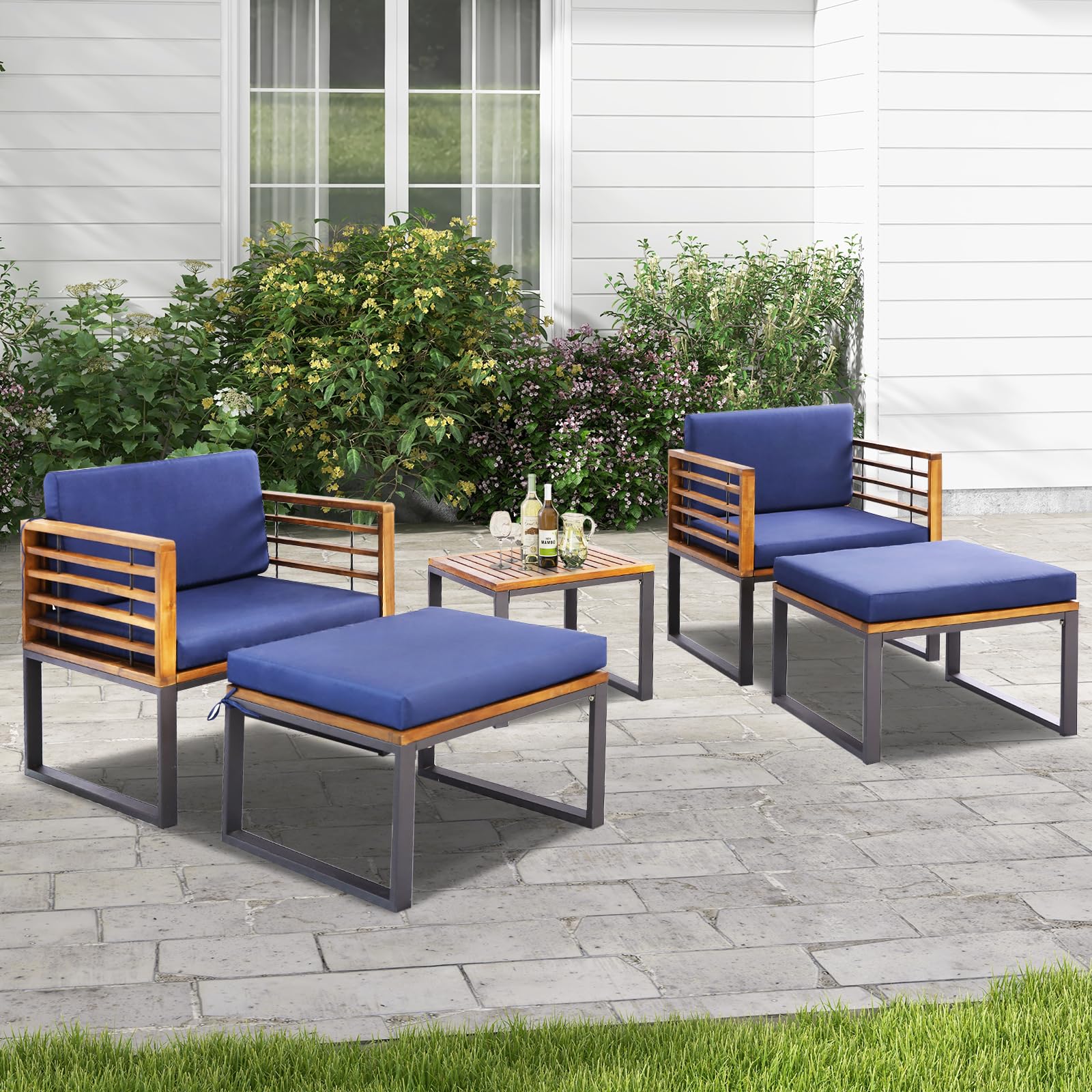 Tangkula 5 Piece Patio Chair Set, Acacia Wood Chair Set w/Ottomans & Coffee Table, Soft Seat & Back Cushions, Outdoor Wood Furniture Set for Backyard, Poolside, Garden - WoodArtSupply