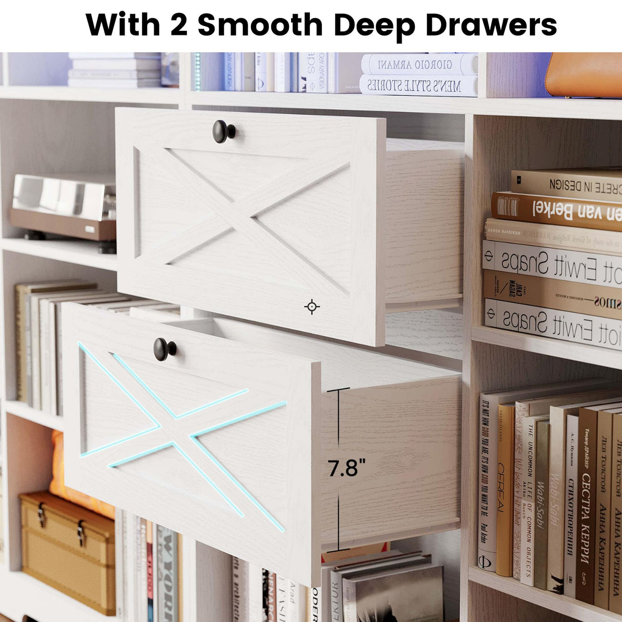 ANCTOR Book Shelf with Light and Drawers, 55" W x 79" H, 7-Tier Double Wide Bookshelf with Pegboard, Freestanding Deep Bookcase for Living Room, White ANCTOR