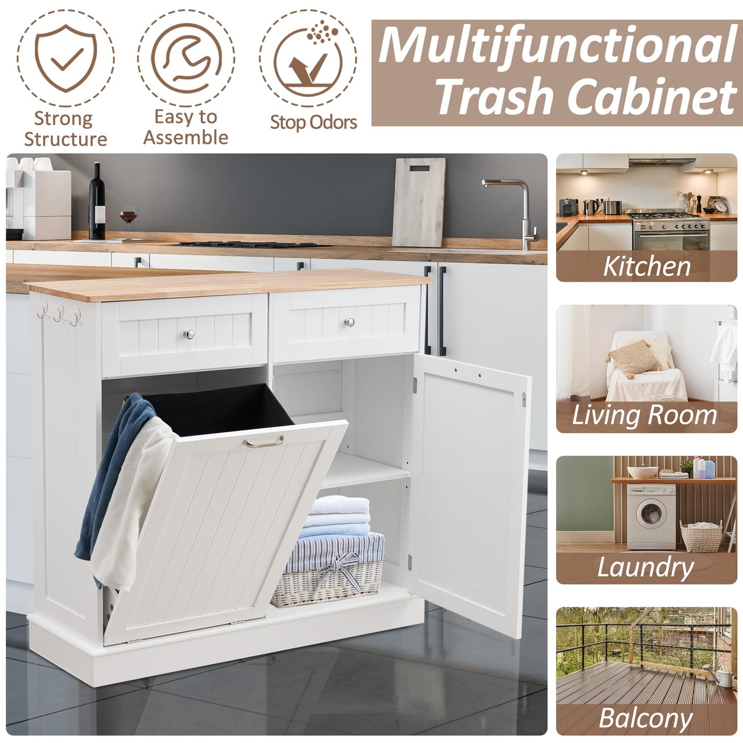 OUTGUAVA 13 Gallons Tilt Out Trash Cabinet Free Standing Recycling Trash Cabinet with Hideaway Drawers, Pet Proof Trash Can Cabinet for Kitchen Living Room (White) - WoodArtSupply