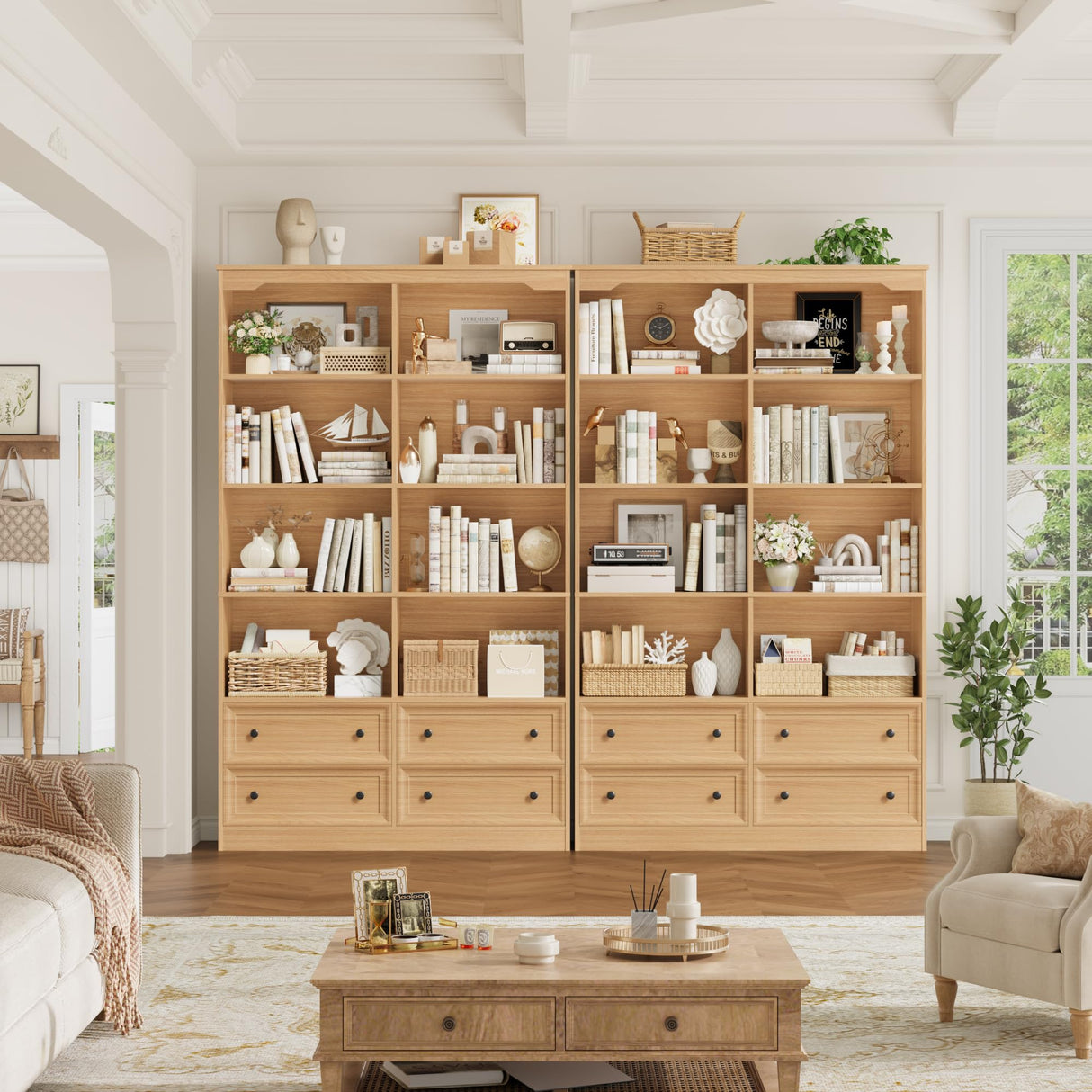 FINETONES 71" Tall Bookshelf with 4 Drawers, 6-Tier Double Wide Bookshelves and Bookcases with Storage, Natural Bookshelf Large Open Bookshelves Standing Book Cabinet for Home Office FINETONES