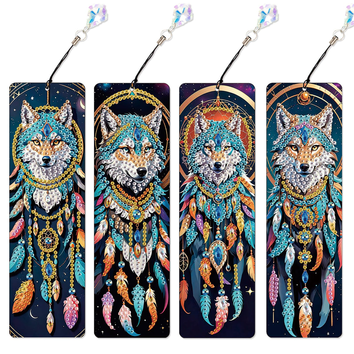 4 Pack Diamond Painting Bookmark Kits Blue Wolf Dreamcatcher, Special Shaped Diamond Art Bookmarks with Pendant, DIY Handmade Crafts Home Office Supplies Reading Bookmark, Perfect Gift for Book Lovers Focart