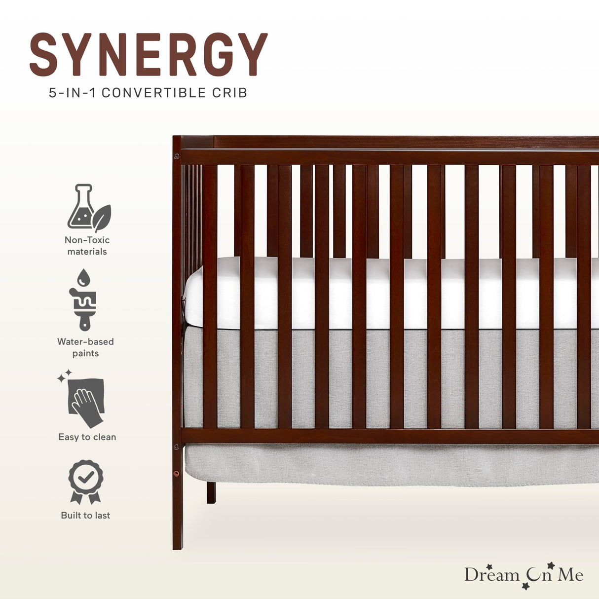 Dream On Me Synergy 5-In-1 Convertible Crib In Espresso, Greenguard Gold Certified Dream On Me
