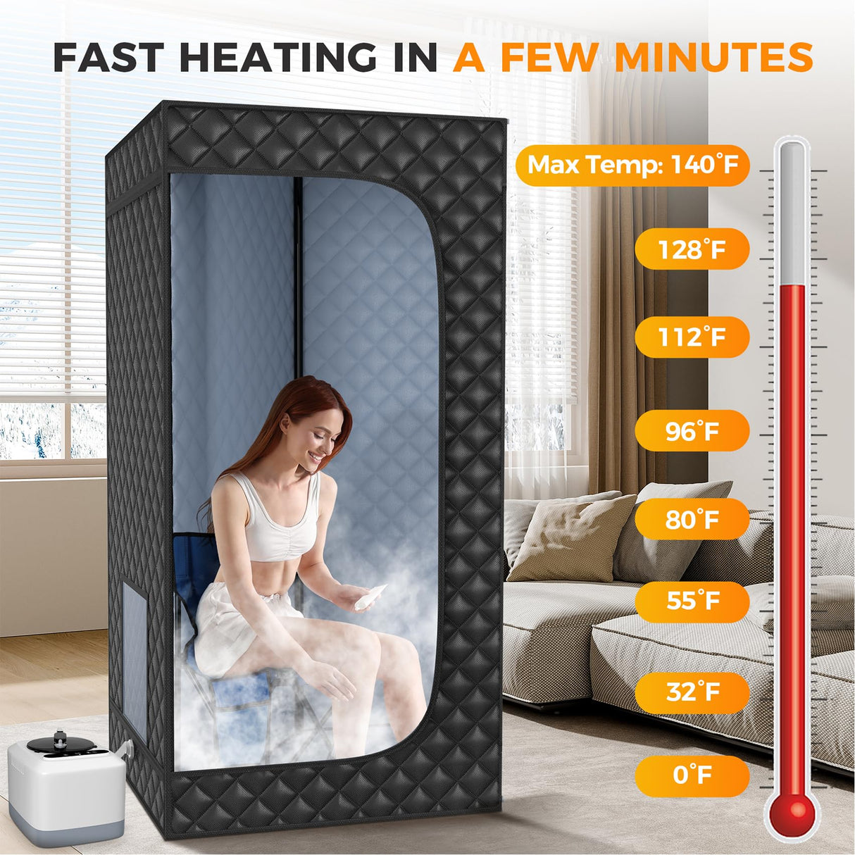 Lajou Portable Sauna Box for Home Steam Sauna Indoor Foldable Sauna Tent Personal Full Body Spa with 3L 110V 1200W Steamer, Remote Control, Folding Chair, 9 Levels, Black, 35.4"x35.4"x70.9" Lajou