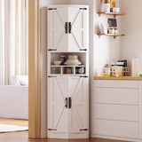 IRONCK Tall Corner Cabinet with 3 Wine Racks, Farmhouse Storage Cabinet with 4 Doors and Adjustable Shelves, Barn Door Design, Corner Bar Cabinet for Living Room, Kitchen, Laundry Room White IRONCK