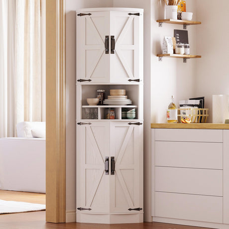 IRONCK Tall Corner Cabinet with 3 Wine Racks, Farmhouse Storage Cabinet with 4 Doors and Adjustable Shelves, Barn Door Design, Corner Bar Cabinet for Living Room, Kitchen, Laundry Room White IRONCK
