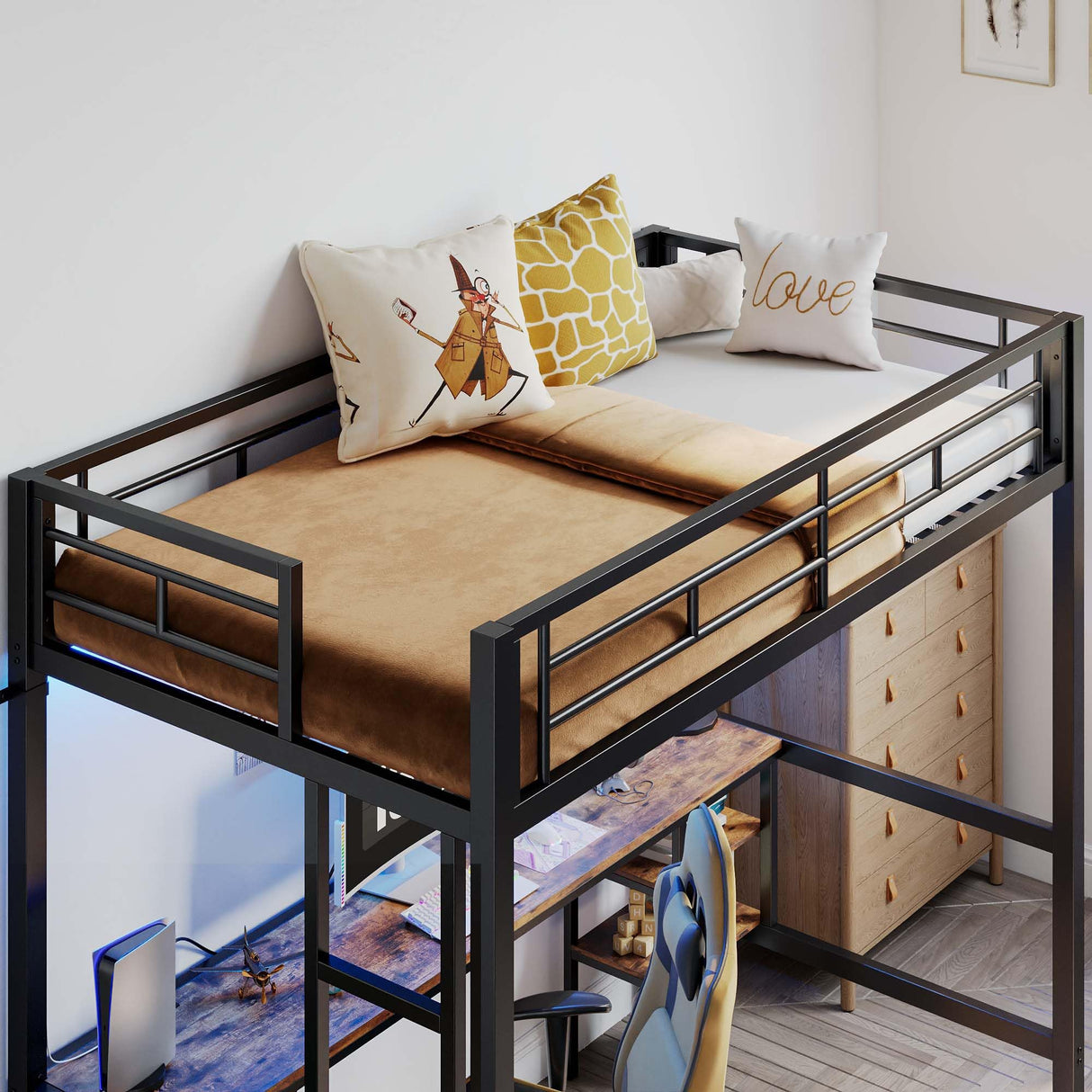 ANCTOR Loft Bed Twin Size with Desk and 4 Storage Shelves, Metal Loft Bed Frame with Power Outlet and LED Lighted, Safety Guard & Ladder, Space-Saving, Noise Free, Black ANCTOR