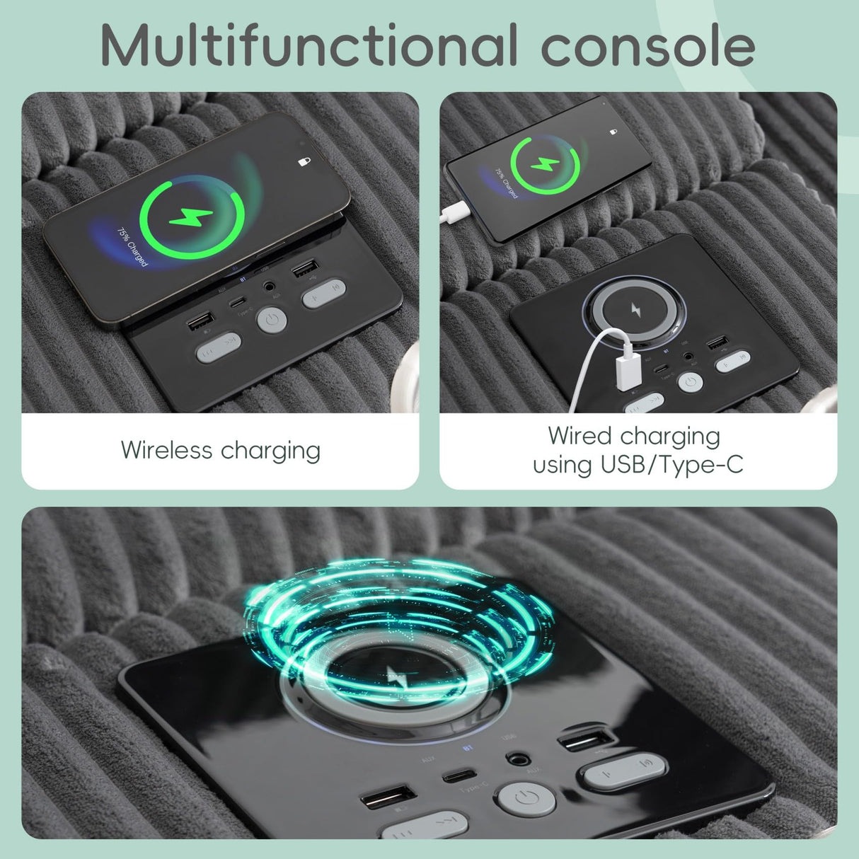 Merax 114 * 64" Corduroy Sectional Couches with Bluetooth Speakers, Storage, Ottoman & Pillows, Upholstered Modular Sofa Chaise with Console, USB Charger, Cup Holders for Living Room Apartment, Grey Merax