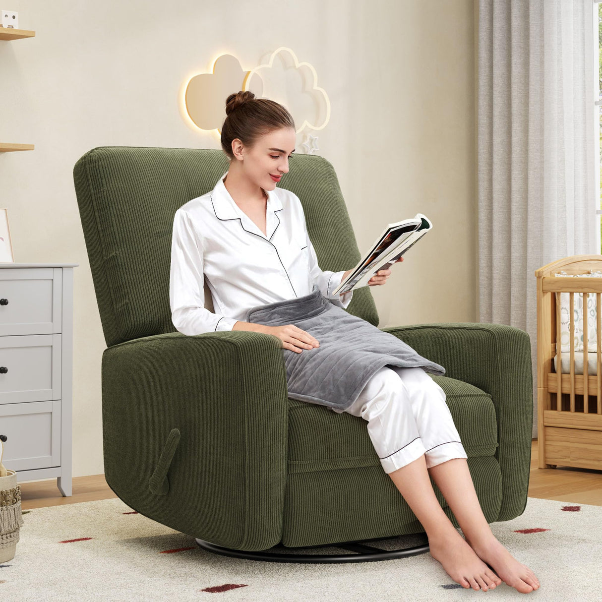 Nursery Recliner Chair, 360° Swivel Rocking Glider Chair for Adults with Adjustable Backrest & Footrest, Cozy Corduroy Upholstered Armchair for Living Rooms, Bedrooms, Apartments, Green Garvee