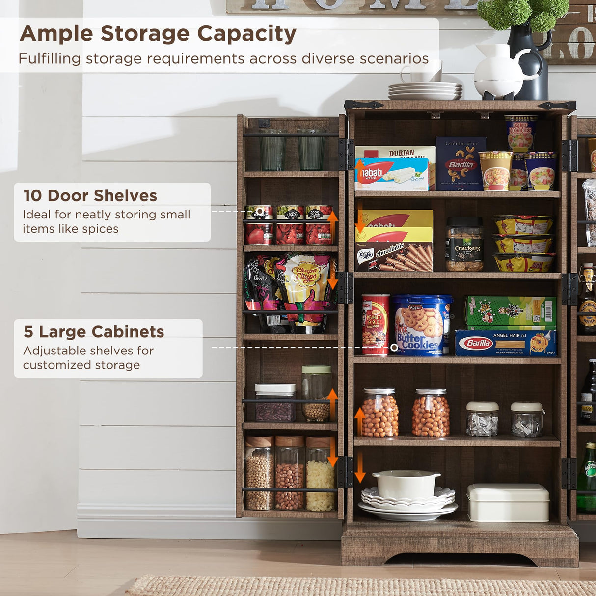 ACCOHOHO 47" Kitchen Pantry, Farmhouse Storage Cabinet with Barn Doors, Organizer and Adjustable Shelves, Rustic Wood Cupboard for Kitchen, Dining Room, Bathroom and Hallway, Rustic Brown ACCOHOHO