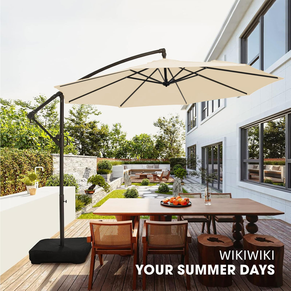 wikiwiki 10ft Patio Umbrella with Base Included, Outdoor Offset Cantilever Umbrella, Infinite Tilt, Crank and Cross Base, Beige wikiwiki
