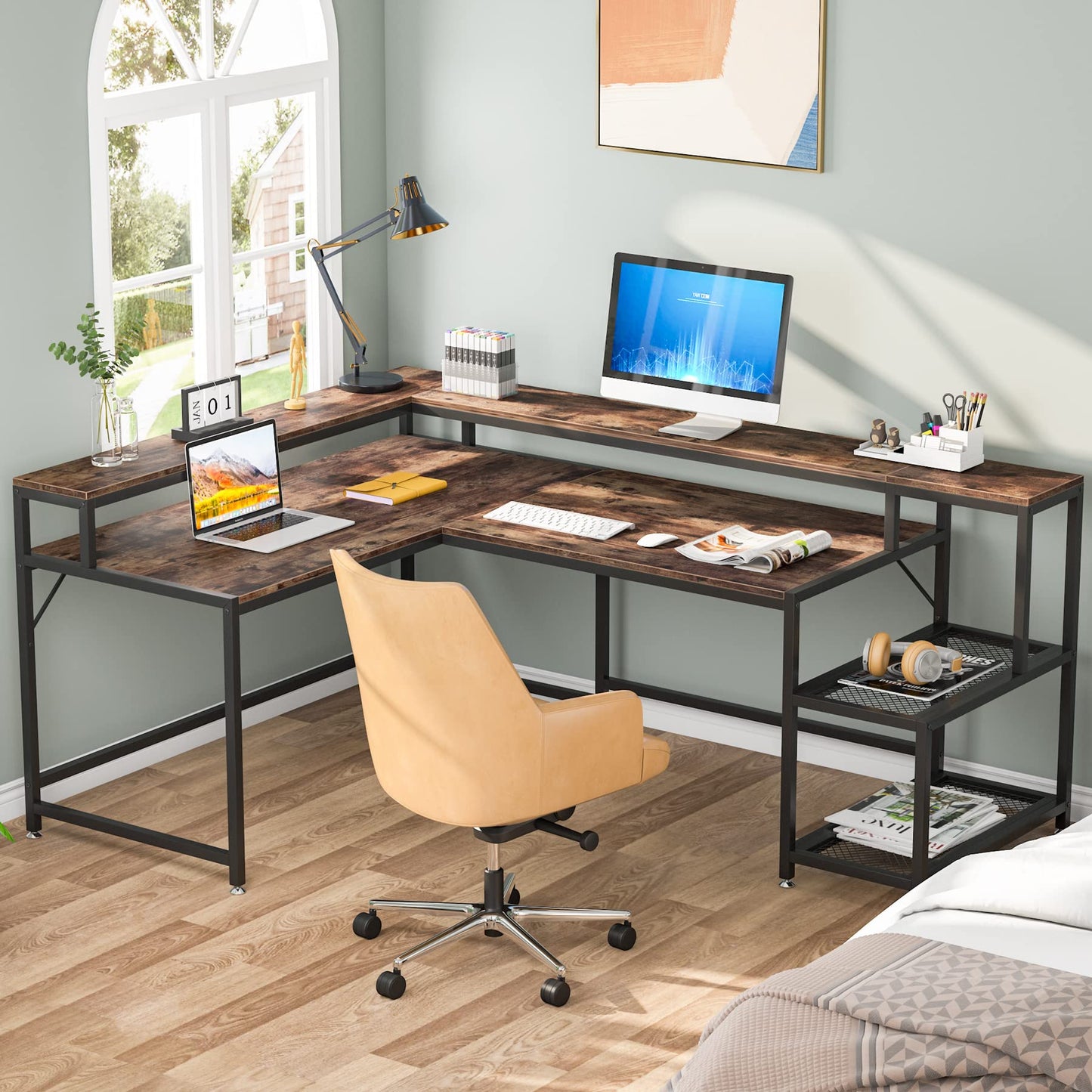 Tribesigns 69 Inch L Shaped Desk with Monitor Stand, Large Reversible Corner Desk with Storage Shelf, Industrial Computer Table Writing Desk for Home Office, Rustic Brown - WoodArtSupply