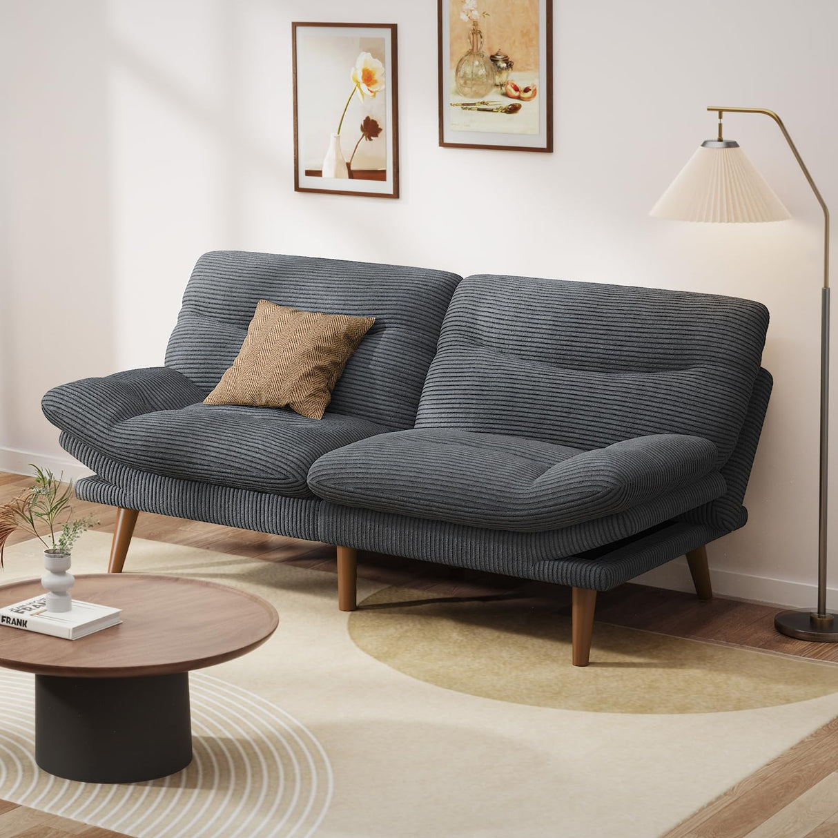 Pipishell Convertible Futon Sofa Bed,66" Corduroy Futon Couch with Adjustable Backrest and Armrests, Recliner Sleeper Sofa for Small Spaces, Play Room or Office, Grey Pipishell