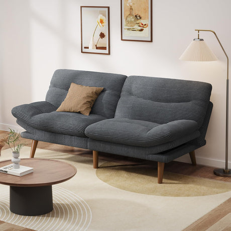 Pipishell Convertible Futon Sofa Bed,66" Corduroy Futon Couch with Adjustable Backrest and Armrests, Recliner Sleeper Sofa for Small Spaces, Play Room or Office, Grey Pipishell