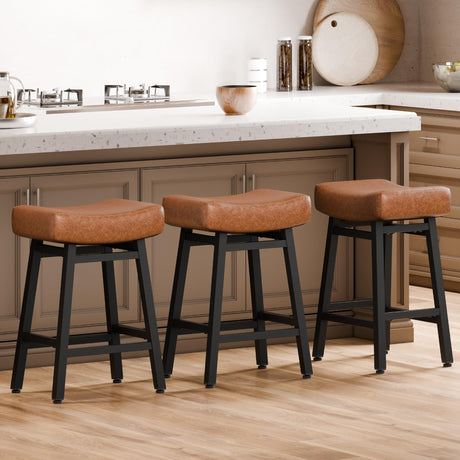 LONXIU Counter Height Bar Stools Set of 3, 24 Inch Backless BarStools for Kitchen Island Leather Saddle Bar Chairs Kitchen Stools with 4" Thick Seats & Heavy Duty Metal Base, Brown LONXIU