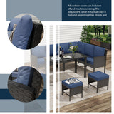 Temminkii 7 Piece Outdoor Dining Set, All-Weather Patio Furniture with Seat & Back Cushions, Conversation Sectional Sofa Set with Long Glass Coffee Table for Garden, Porch, Lawn, Blue Temminkii