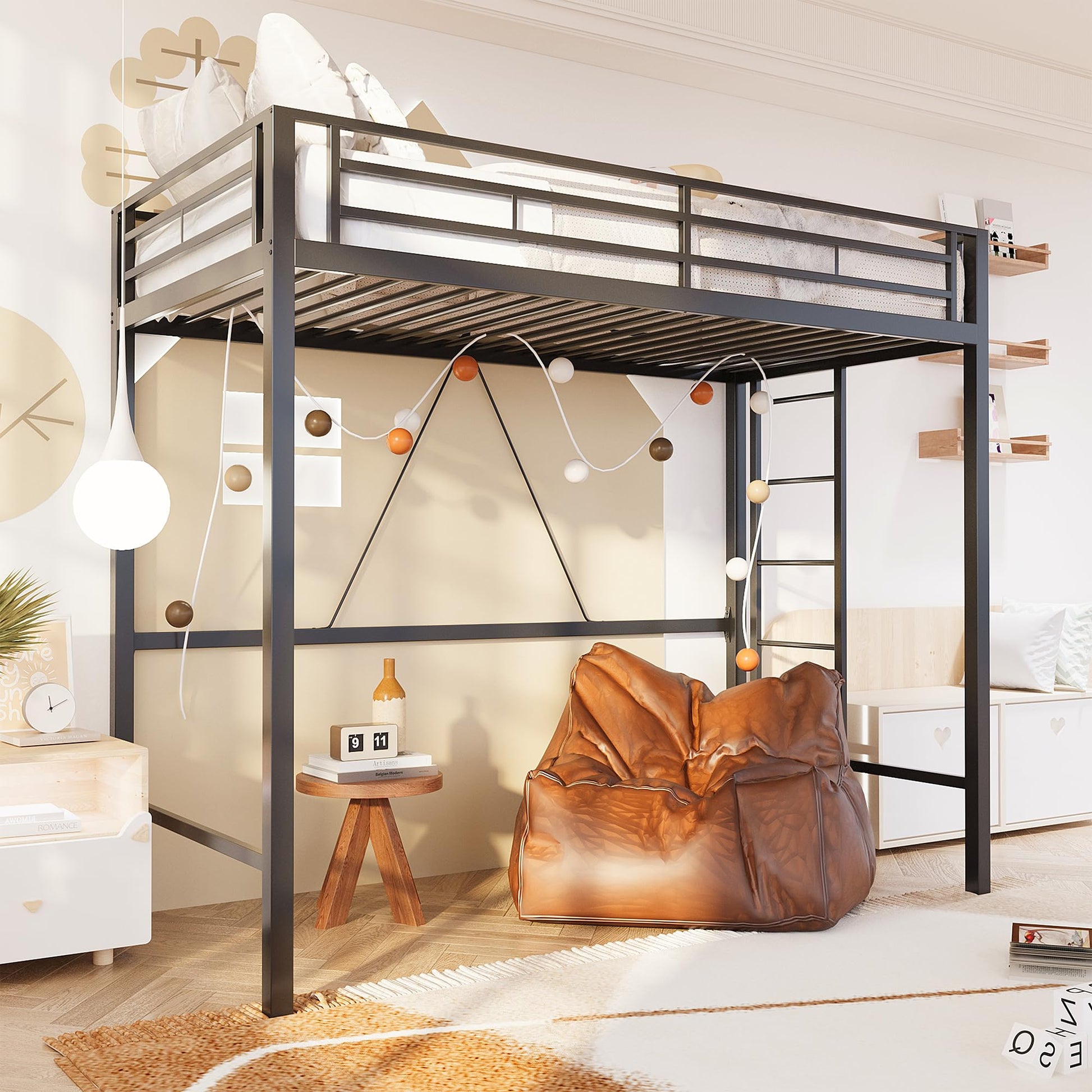 SUNLEI Twin Loft Bed with Removable Ladder, Black Metal Frame and Safety Guard for Small Spaces - WoodArtSupply