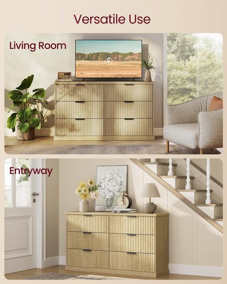 VASAGLE MAXE Collection - 6-Drawer Double Dresser for Bedroom, 54.2-Inch Wide Chest of Drawers, Fluted Panels, Mid Century Modern Storage Dresser, TV Stand for Living Room, Oak Beige ULTS662YC01S VASAGLE