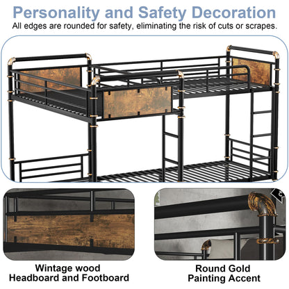 Mirightone Quad Bunk Bed, Heavy Duty Metal 4 Bunk Beds for Kids with Ladders, Detachable Industrial L-Shaped Bunk Beds, Space Saving Design,Can Be Divided Into 3 Twin Beds, Black