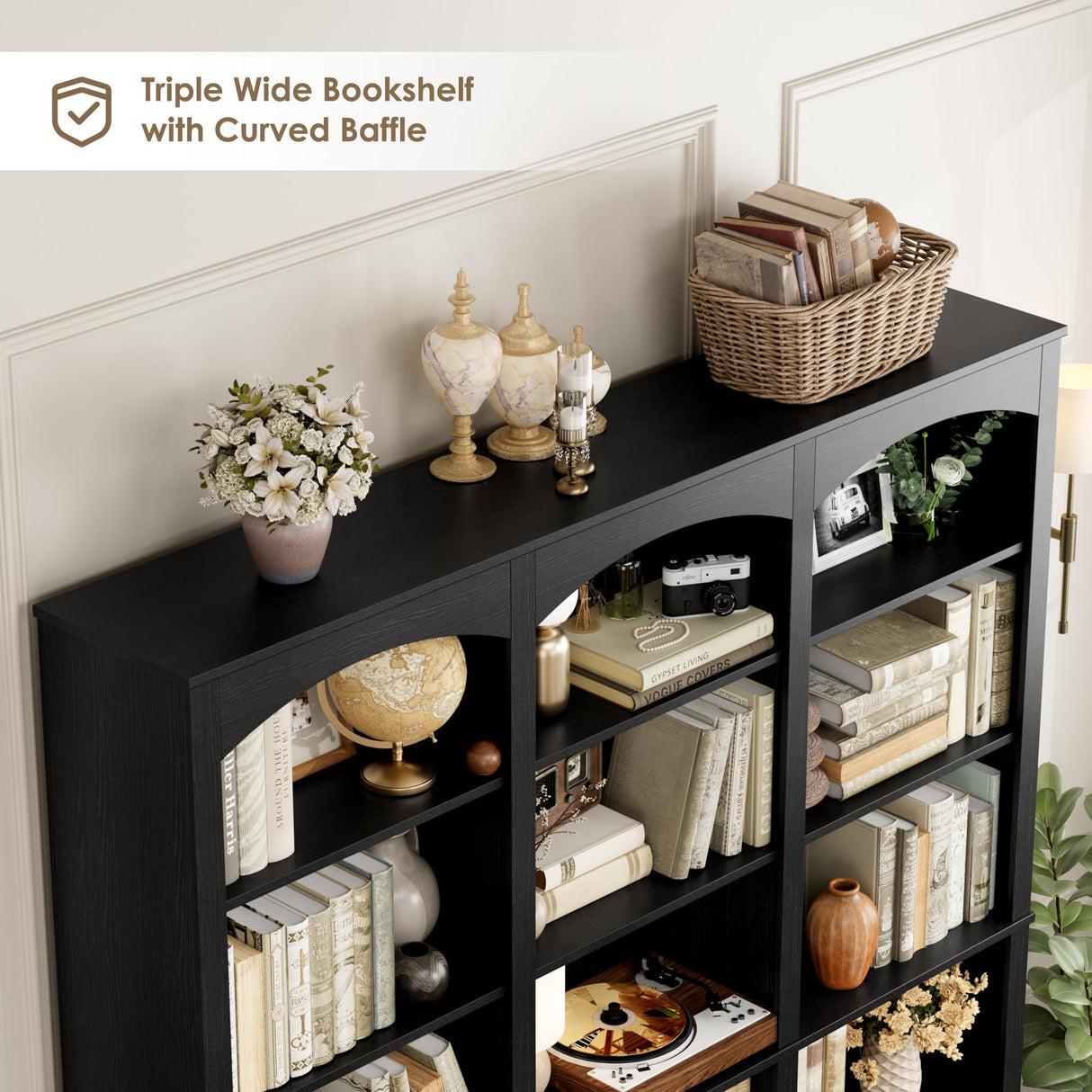 FACBOTALL 71" Triple Wide Bookshelf, 6 Tier Tall Bookshelf, Large Book Shelf with Curved Baffle, 63.4" Wide Bookcase with 18 Open Display Shelves for Living Room, Study, Black FACBOTALL