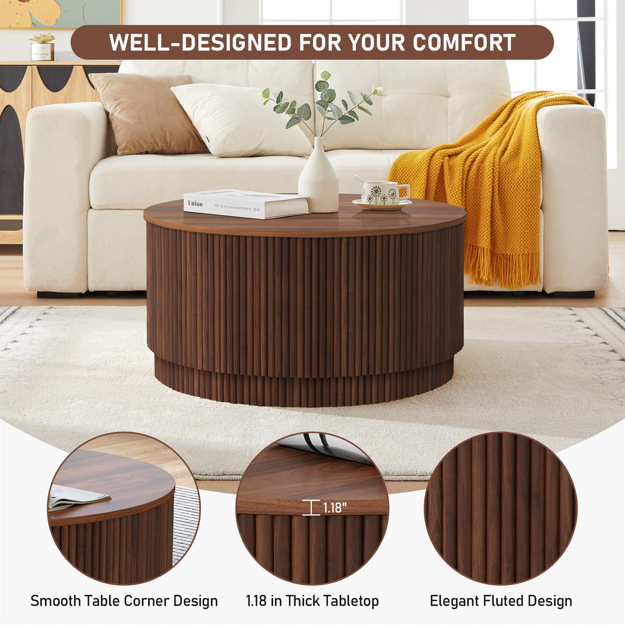 31.5" Round Coffee Table with Storage, Mid Century Modern Coffee Tables with Fluted Base, Wooden Circle Accent Center Table for Living Room Small Space Apartment Office (Walnut) LEVNARY