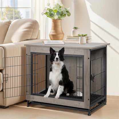 Shintenchi Wooden Dog Crate Furniture for Large Dog, L Double-Door Kennel Indoor with Removable Tray, End Table L Dog Crate for Decoration, 38" L*25" W*26" H, Grey