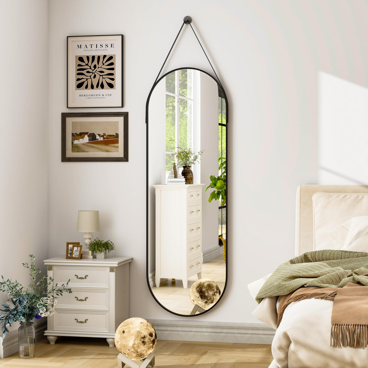 HARRITPURE 16"x48" Oval Hanging Mirror with Leather Strap Full Length Mirror Aluminum Frame Wall-Mounted Hanging Mirrors for Bathroom Vanity Living Room Bedroom Entryway Decor HARRITPURE