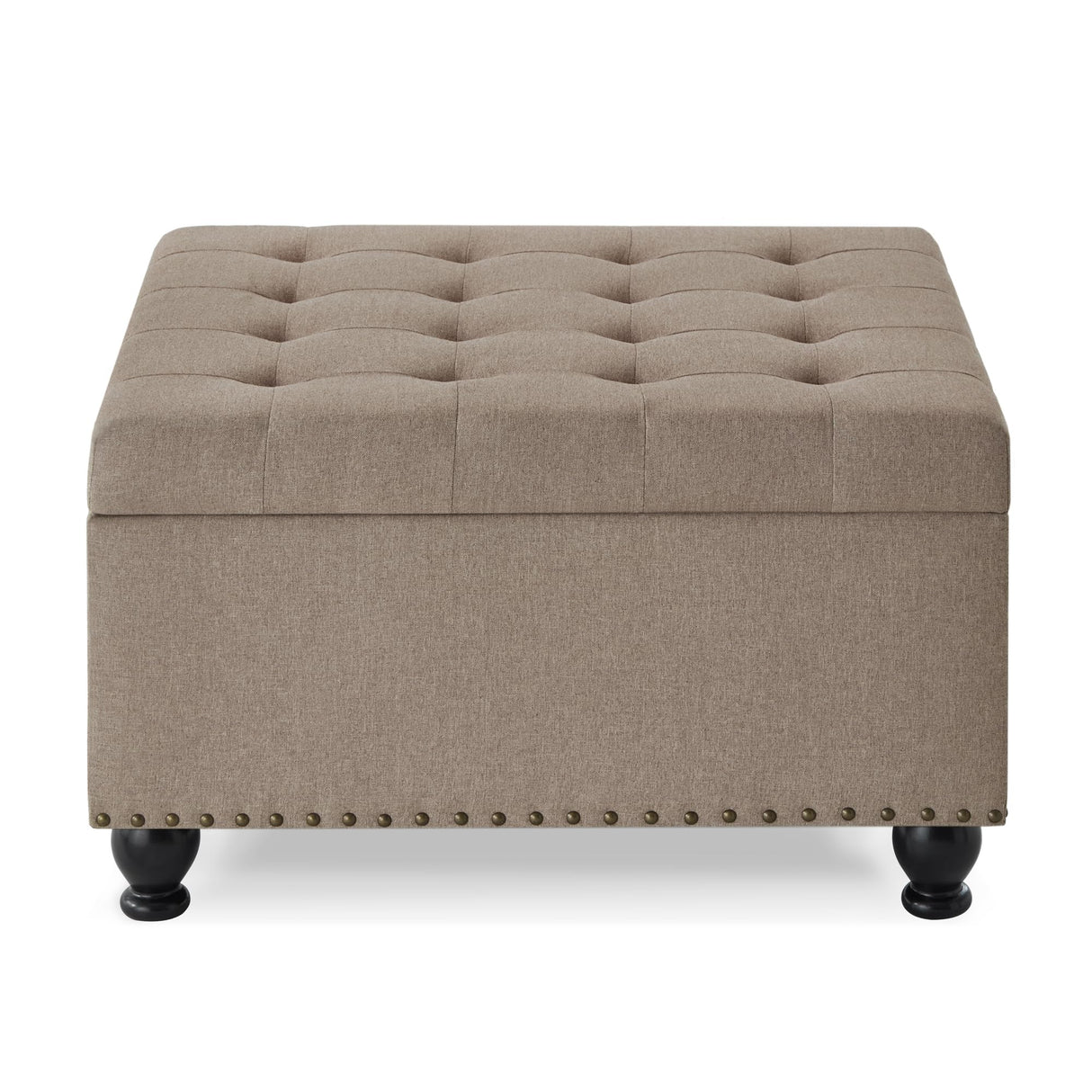 ACQCA Large Square Storage Ottoman with Wooden Legs, Upholstered Button Tufted Coffee Table with Nail Trims for for Living Space,Linen ACQCA