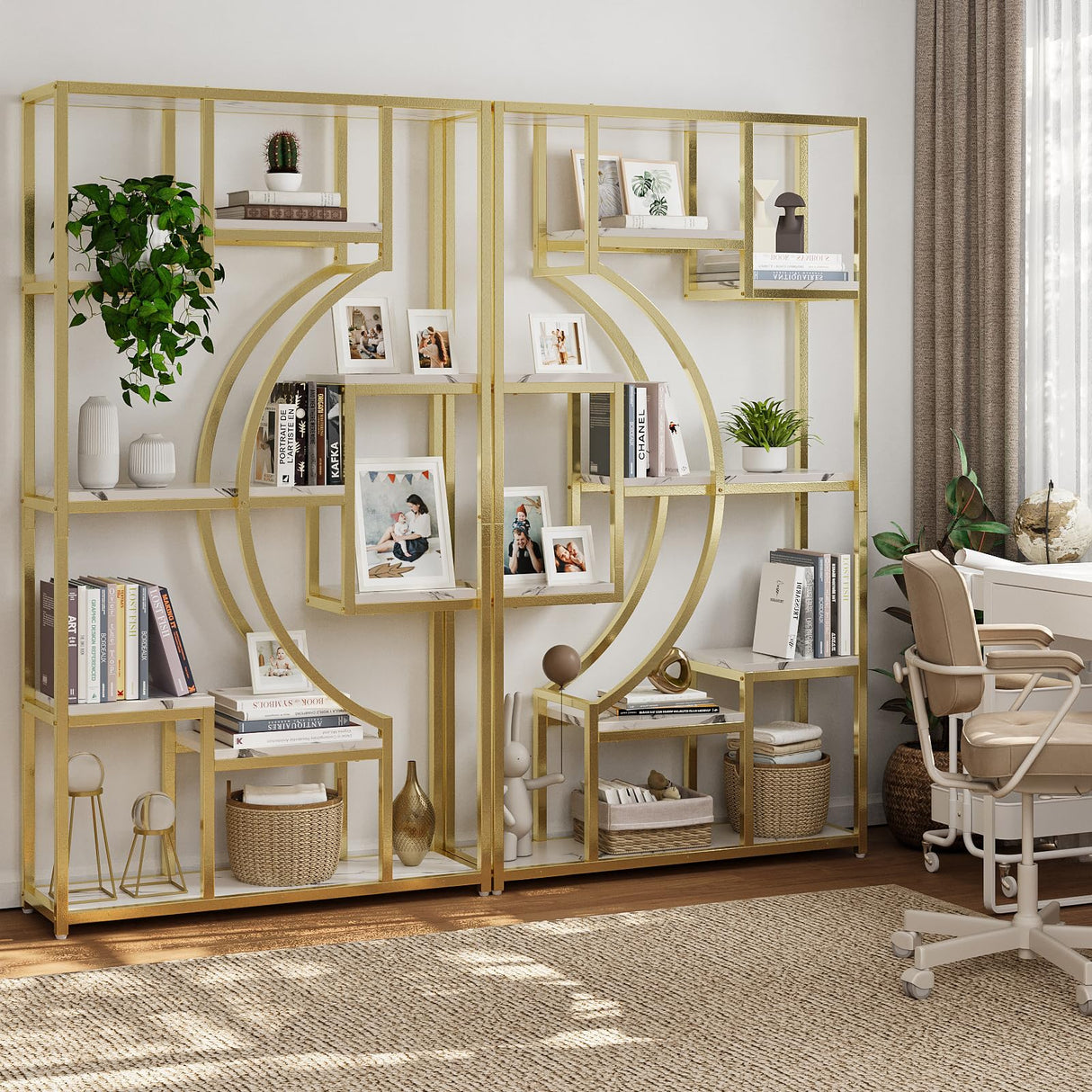 Modern Book Shelf, White and Gold Bookshelf, 70.8 Inch Tall Etagere Bookcase, Set of 2 Geometric Display Shelves for Living Room, Bookcases/Bookshelf with Metal Frame for Home Office HolliWill