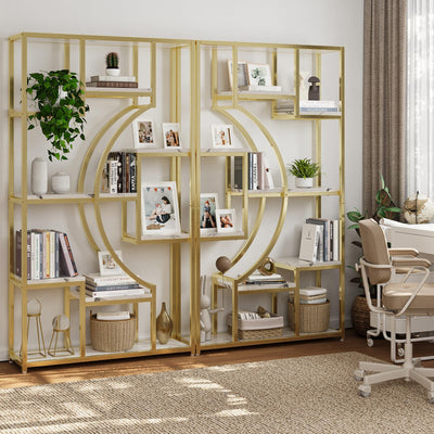 Modern Book Shelf, White and Gold Bookshelf, 70.8 Inch Tall Etagere Bookcase, Set of 2 Geometric Display Shelves for Living Room, Bookcases/Bookshelf with Metal Frame for Home Office