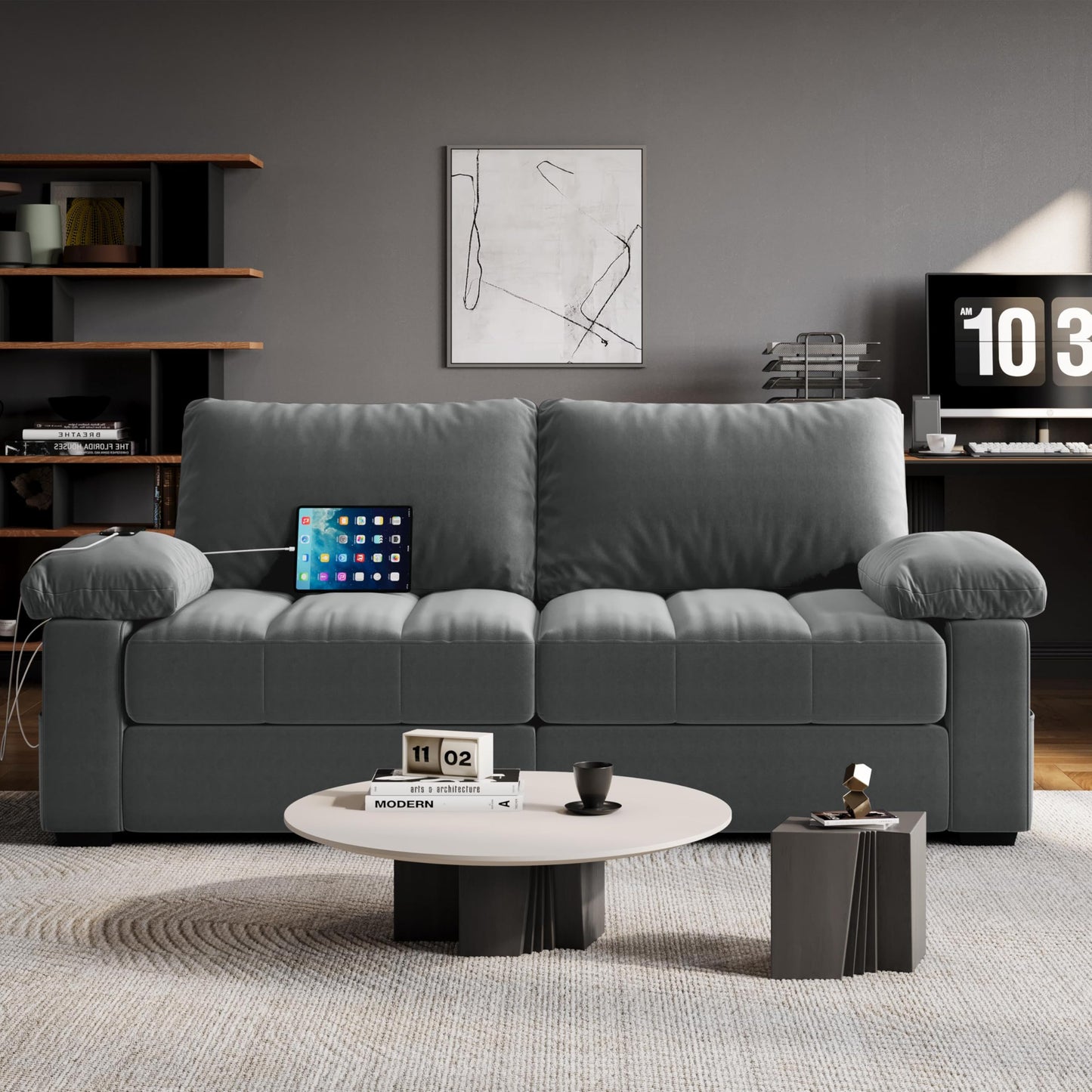 Yaheetech 79" Sofa Couch Modern Velvet Couch with Removable Covers & USB Ports Oversized Loveseat Sofas with Storage Pockets for Living Room Bedroom Apartment Gray