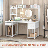 Aheaplus Desk with LED and Outlets, Gaming Desk with Hutch, 47.2'' Computer Desk with Drawers, Reversible Office Desk with Storage Bookshelf Large Workstation Desk with Shelf, Desk for Home, White Aheaplus