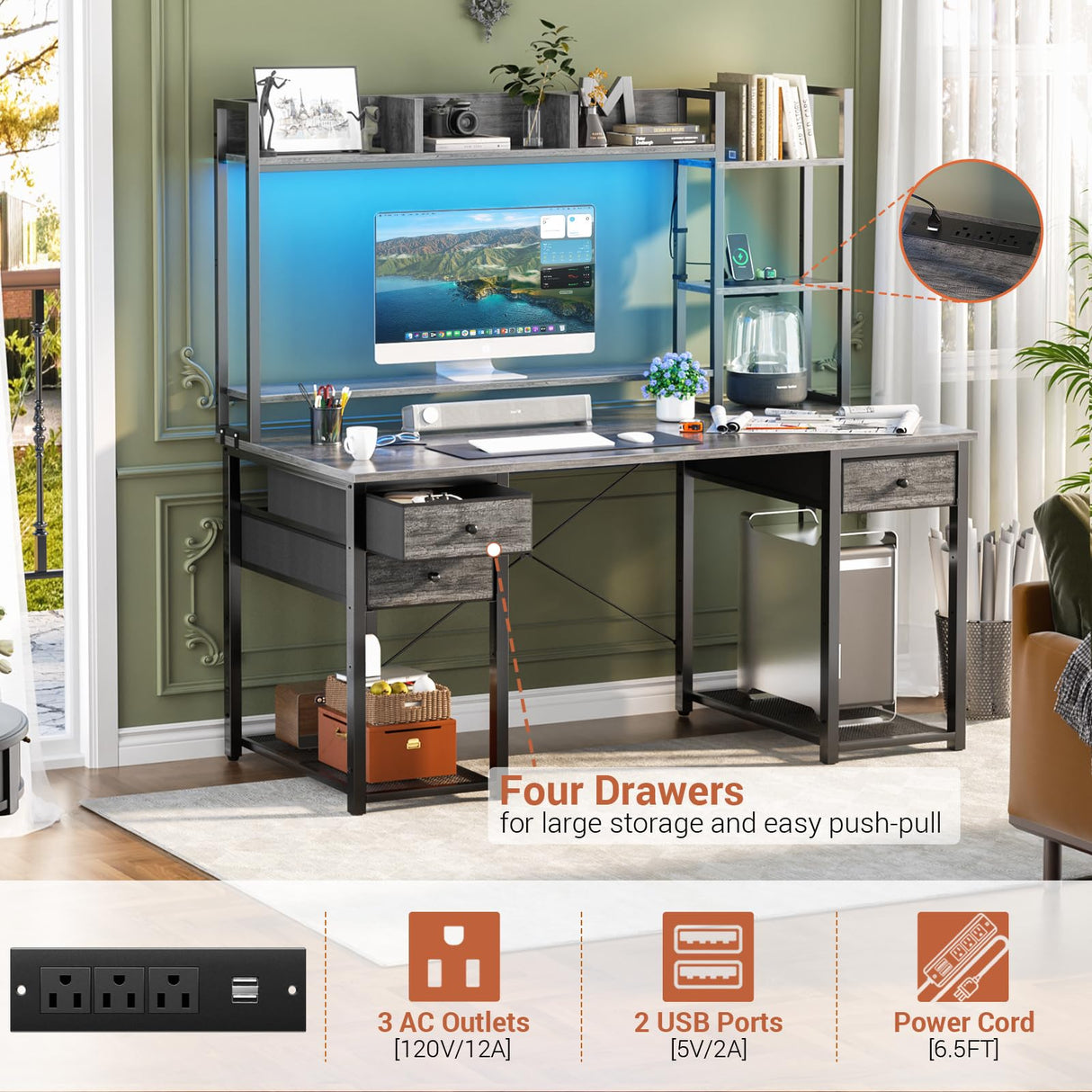 Aheaplus 47.2'' Black Oak Gaming Desk with LED Lights, Hutch, and Power Outlets Aheaplus