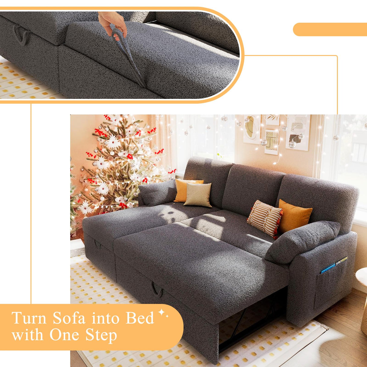 VanAcc Sofa Bed, Sleeper Sofa with Storage Chaise- 2 in 1 Pull Out Couch Living Room, Comfy Sleeper Couch, Grey Boucle VanAcc