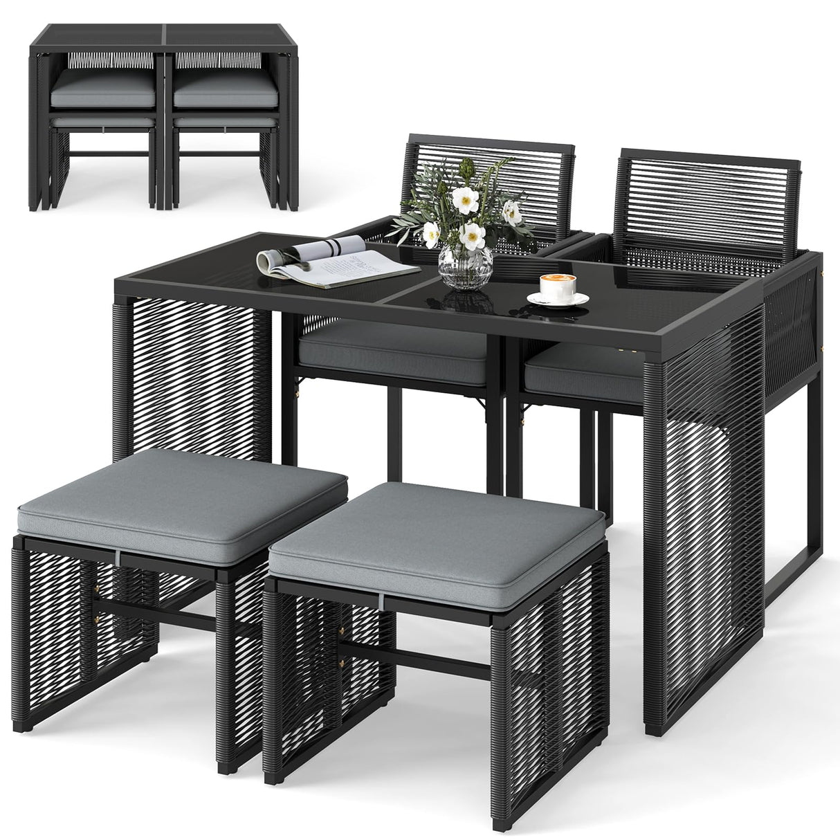 Tangkula 5 Pieces PE Wicker Patio Dining Set, Outdoor Conversation Set with Cushions, Space-Saving Patio Rattan Chair and Tempered Glass Table Set with Ottomans for Garden, Backyard & Poolside Tangkula