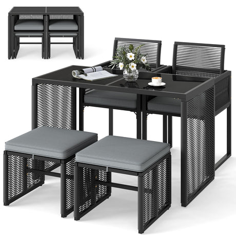 Tangkula 5 Pieces PE Wicker Patio Dining Set, Outdoor Conversation Set with Cushions, Space-Saving Patio Rattan Chair and Tempered Glass Table Set with Ottomans for Garden, Backyard & Poolside Tangkula