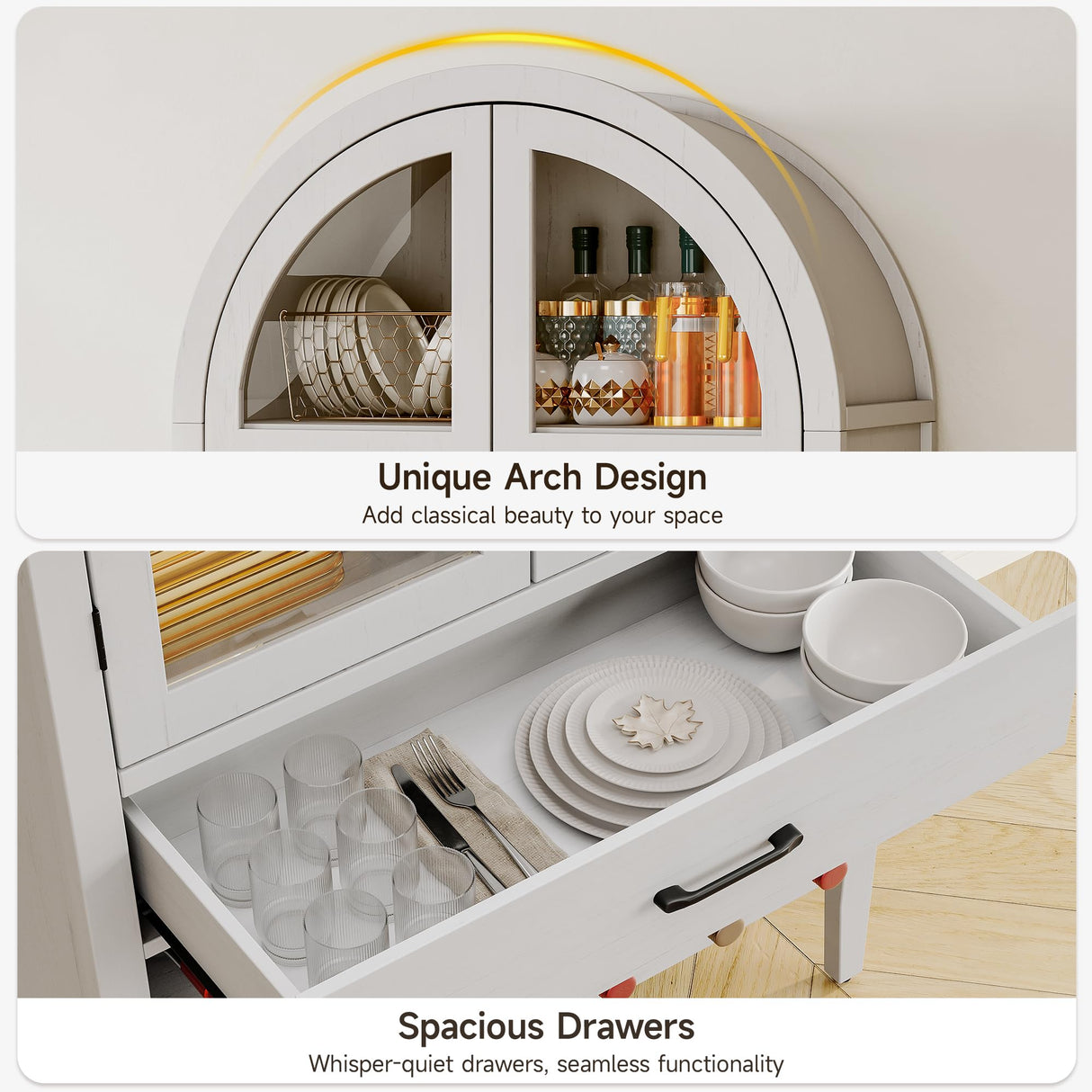 ONBRILL 71" Tall Wine Bar Cabinet, Arched Storage Cabinets with Door, Whiskey Station with Wine Rack and Glass Holder, Liquor Bar Cabinet for Home Kitchen Living Dining Room (Off White) ONBRILL