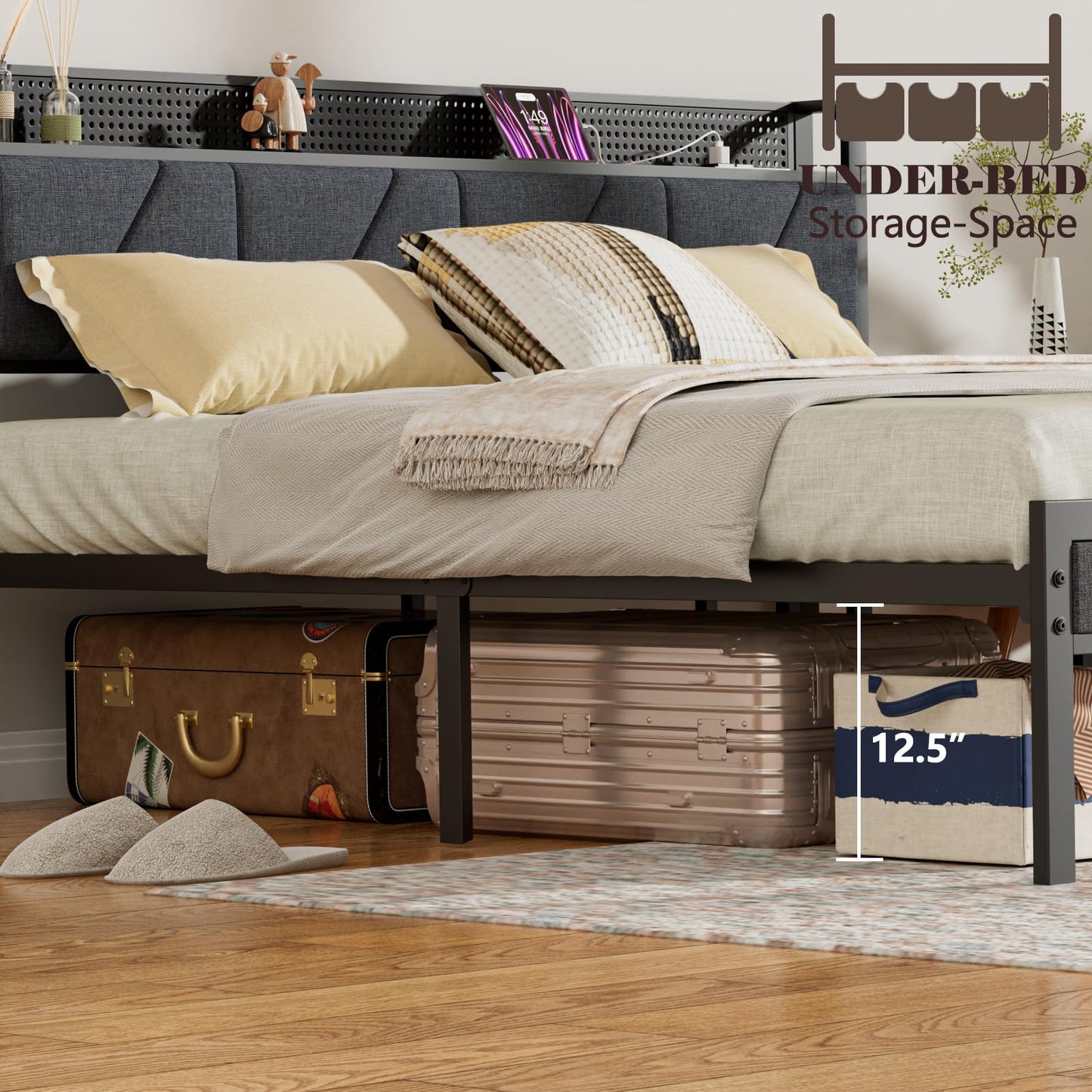 Furnulem Rustic Brown King Bed Frame with LED Light, Charging Station, and Under-Bed Storage - WoodArtSupply