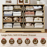 HOPUBUY 8 Drawer Dresser for Bedroom, Rattan Modern Closet Dressers Chest of Drawers, Boho Wood Double Wicker Dresser Storage Closet for Bedroom, Living Room, Entryway (Natural) HOPUBUY