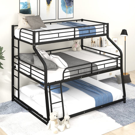 Heavy Duty Triple Bunk Bed for Multiple Kids,Twin XL Over Full XL Over Queen Size Triple Bunk Bed with Long and Short Ladder for 3 Kids,Metal Triple Bed for Boys Girls,Unique Curved Metal Frame,Black Bellemave