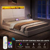 DWVO Queen Size Corduroy Upholstered Platform Bed Frame with Charging Station and RGB LED Lights, 53’’ Tall Storage Wingback Headboard, No Box Spring Needed, Easy Assembly, Noise-Free, White DWVO