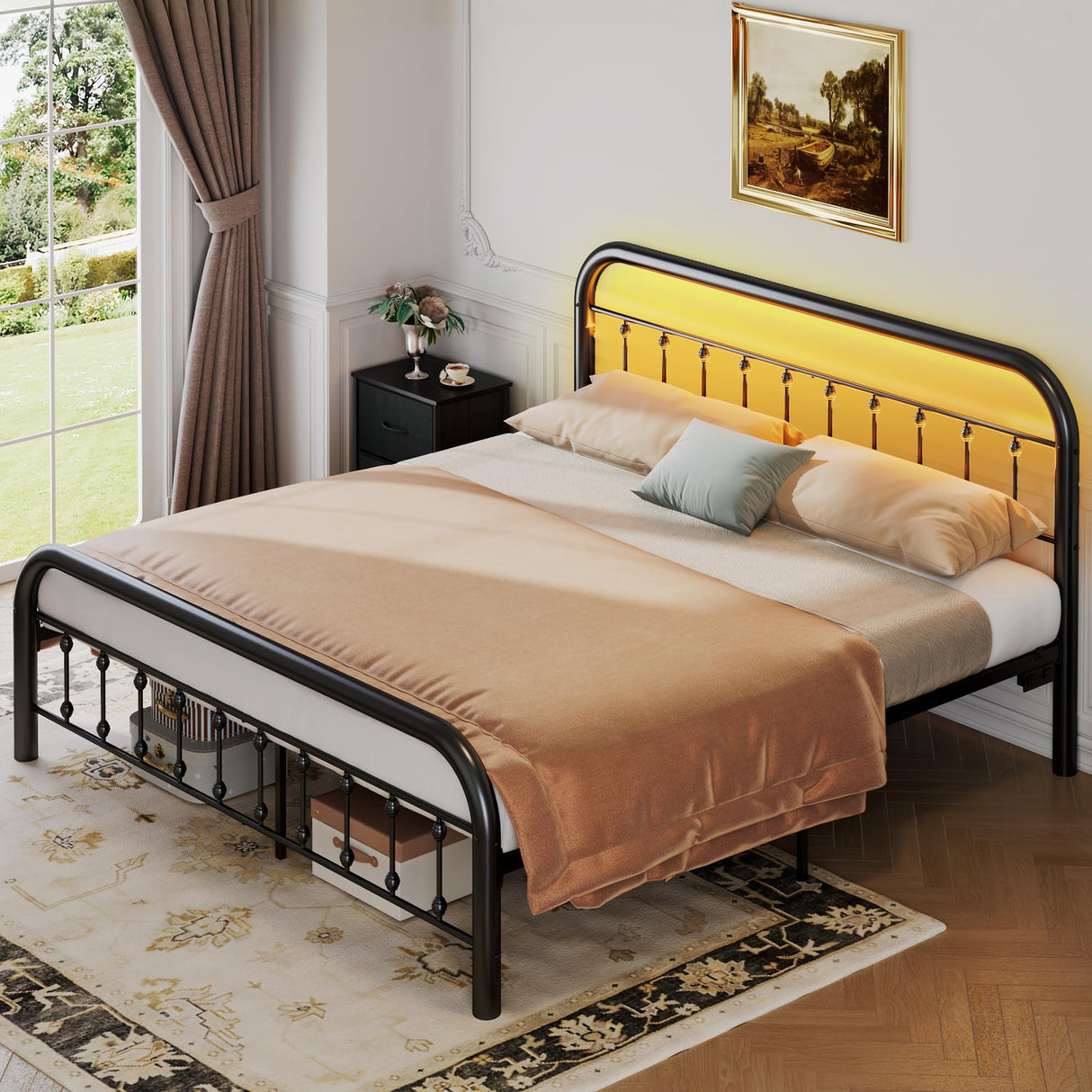 WLIVE Bed Frame King Size, King Size Bed Frame and Headboard, King Bed Frames with LED Lights and Charging Station,No Box Spring Required,Easy Assembly,Black WLIVE