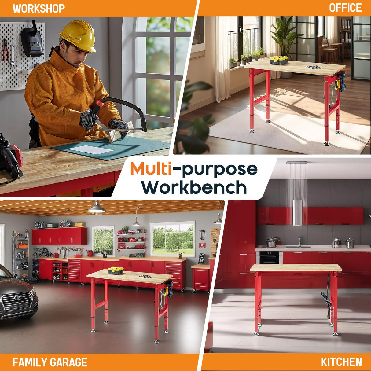 Albott Adjustable Workbench, 28.7-38.6" Height, Rubber Wood Top, Heavy-Duty Design with Power Outlets & Hooks, 2000 LB Capacity for Garage, Workshop, Home, or Office，Red Albott