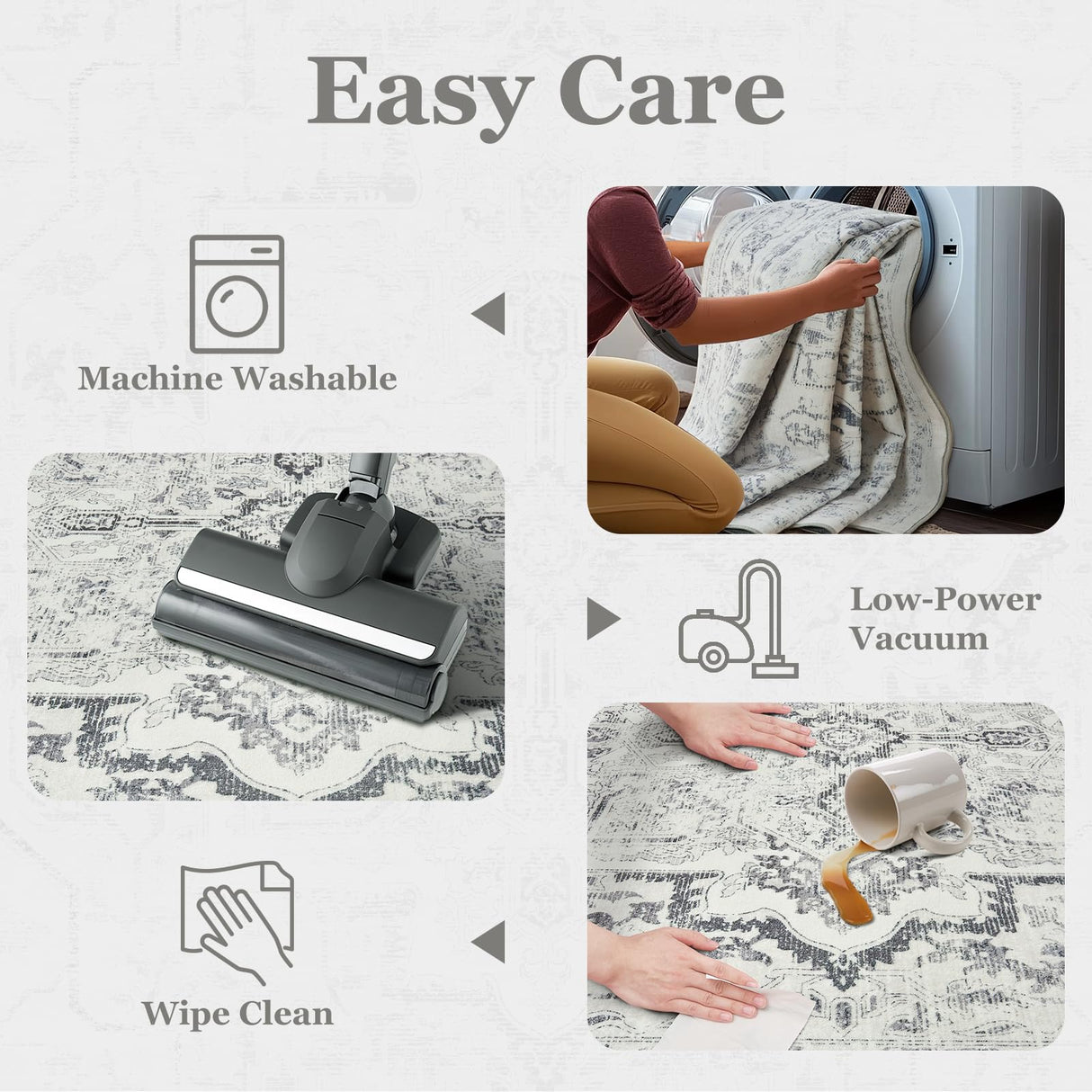 Jainmy Distressed Farmhouse 5x7 Area Rugs for Living Room Bedroom Non Slip Washable, Medallion Pattern Printed Low Pile Thin Carpet Rugs for Dining Room/Kitchen/Home Office, Off White/Grey Jainmy