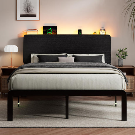 iPormis Full Size Metal Bed Frame with LED Lights & Charging Station, Platform Bed with Ergonomic Storage Headboard, Steel Slats Supports, No Box Spring Needed, Noise-Free, Easy Assembly, Black iPormis