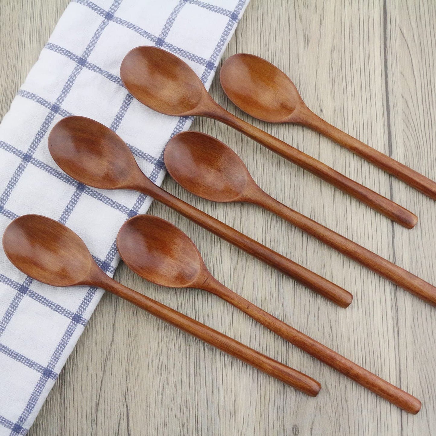 Wooden Spoons, 6 Pieces 9 Inch Wood Soup Spoons for Eating Mixing Stirring, Long Handle Spoon with Japanese Style Kitchen Utensil, ADLORYEA Eco Friendly Table Spoon