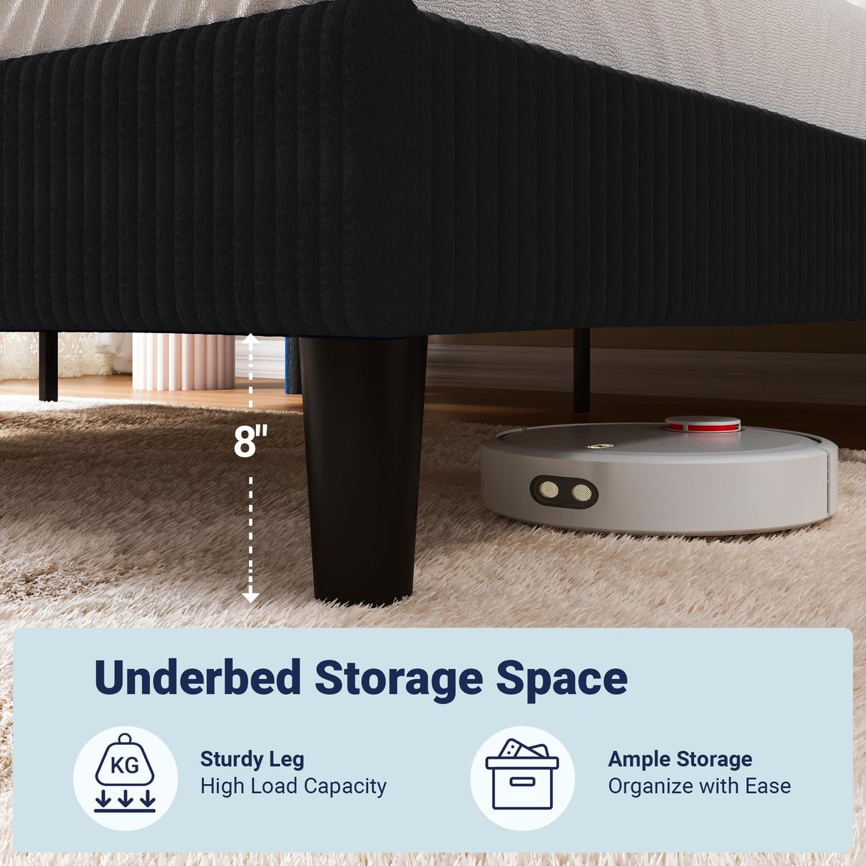 Allewie Full Size Bed Frame with Upholstered Wingback Headboard, Vertical Channel Tufted Corduroy Velvet Platform Bed, Strong Wooden Slats Support, No Box Spring Needed, Easy Assembly, Sturdy, Black Allewie